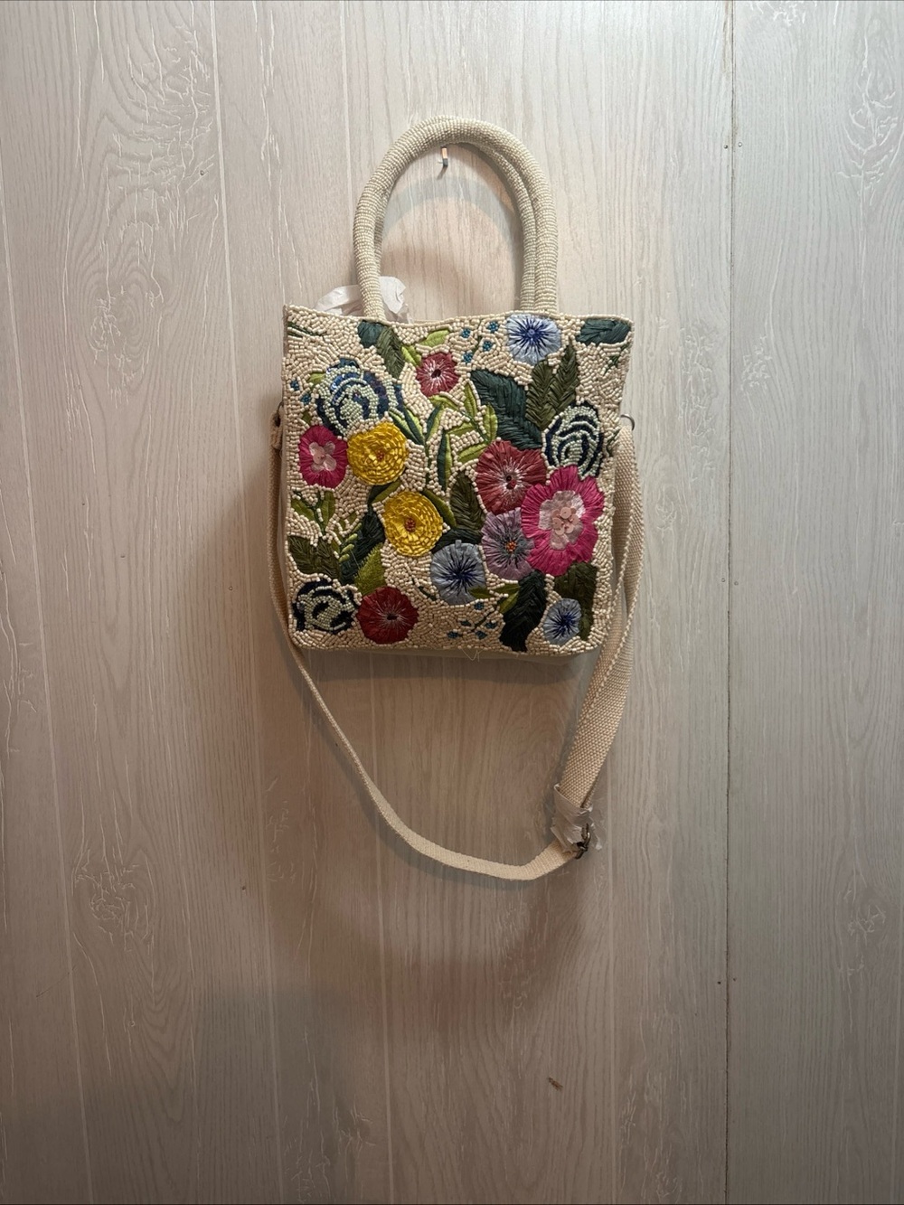 Embroidered Cream Floral Tote Bag with Adjustable Strap